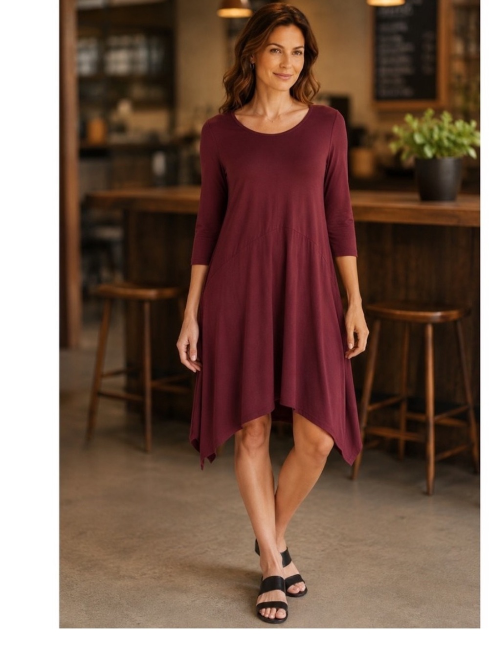 Eileen Fisher Burgundy Viscous Jersey Asymmetrical Handkerchief Hem Tunic Dress